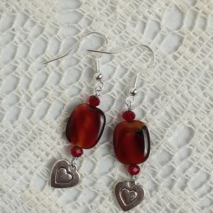 Sterling Silver 925 Red Czech Glass Crystal Heart Dangle Earrings Handmade